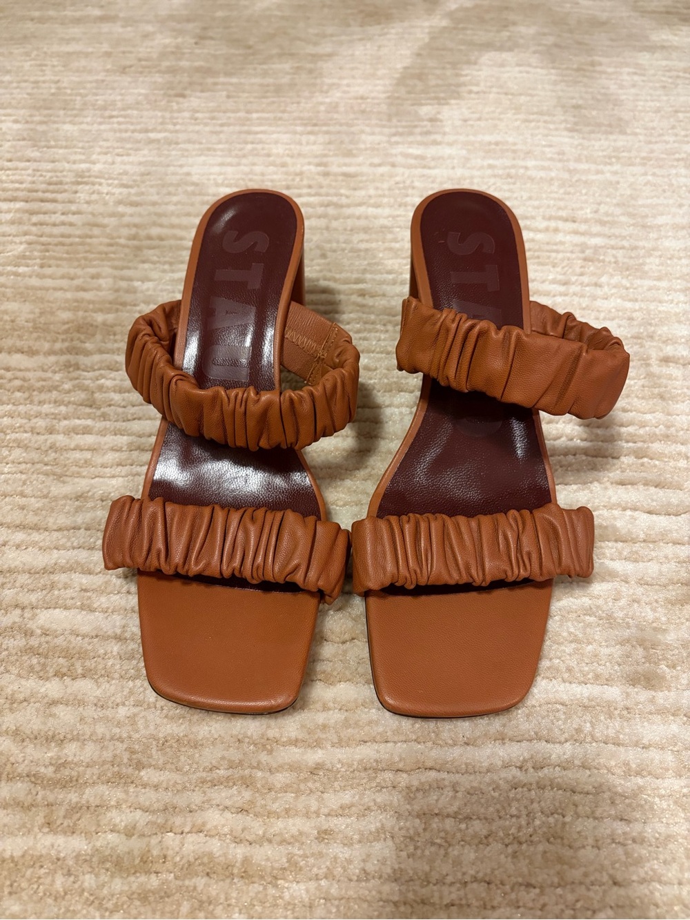 STAUD Ruched Double-Strap Slide Sandals in Cognac Brown